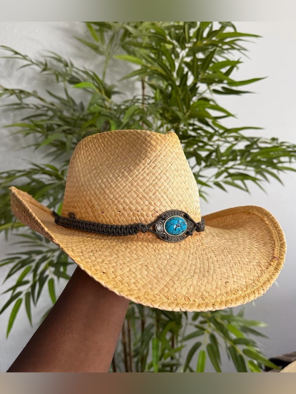 Western Turquoise Boho Cowboy Cowgirl Straw Hat Cap Festival Rave Coachella Farm